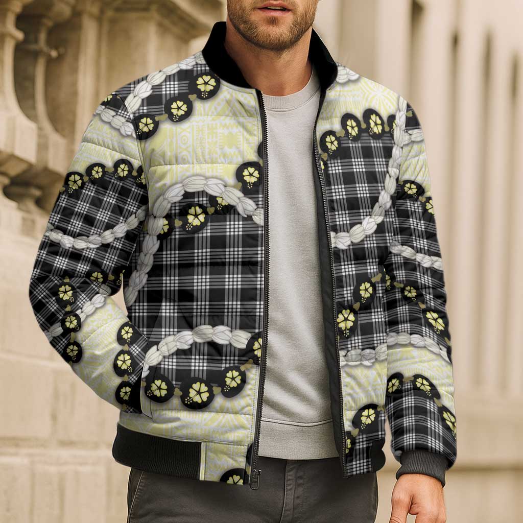 Black Palaka Hawaii Bomber Puffer Jacket Kukui Nut Pikake Lei Hawaiian Tapa Pattern - Polynesian Pride