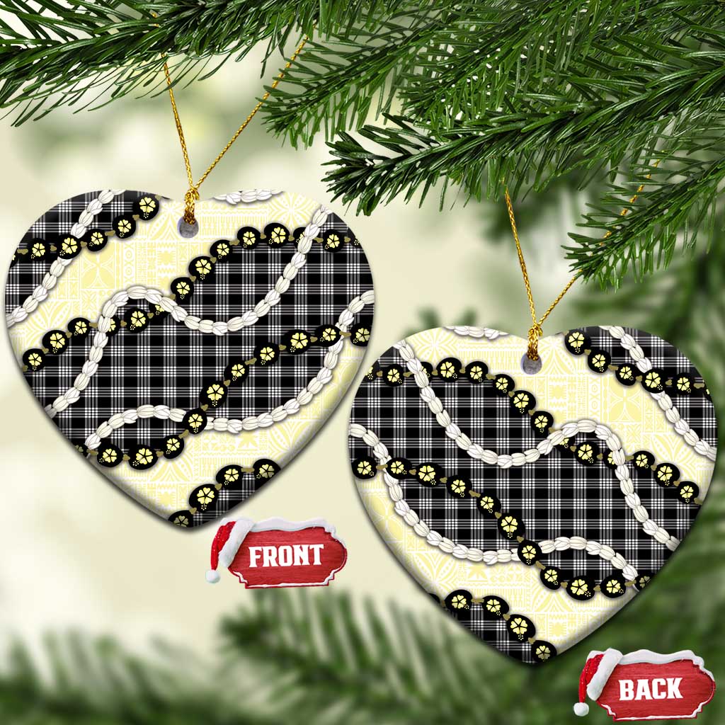 Black Palaka Hawaii Ceramic Ornament Kukui Nut Pikake Lei Hawaiian Tapa Pattern - Polynesian Pride