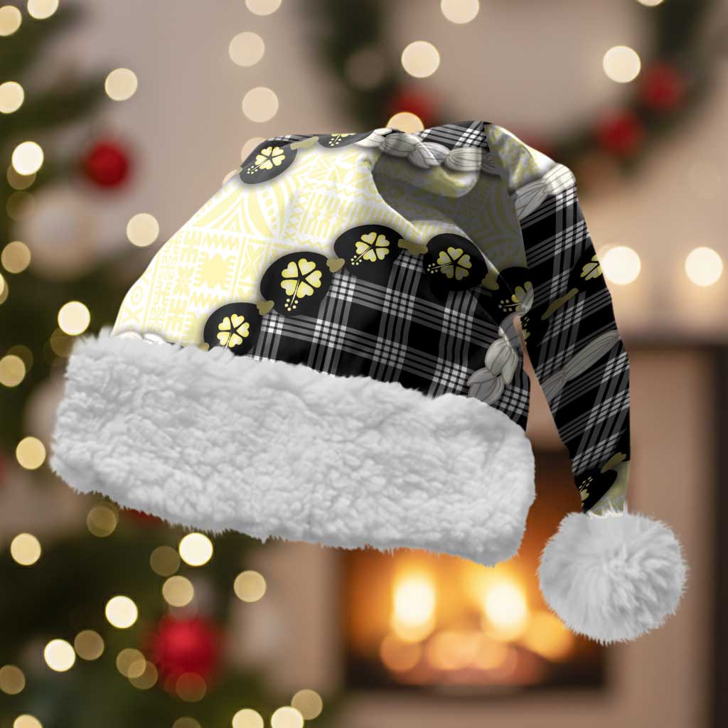 Black Palaka Hawaii Christmas Santa Hat Kukui Nut Pikake Lei Hawaiian Tapa Pattern LT14 With Fur Black - Polynesian Pride