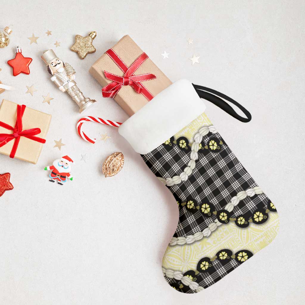 Black Palaka Hawaii Christmas Stocking Kukui Nut Pikake Lei Hawaiian Tapa Pattern - Polynesian Pride