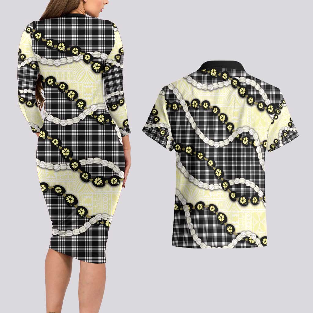 Black Palaka Hawaii Couples Matching Long Sleeve Bodycon Dress and Hawaiian Shirt Kukui Nut Pikake Lei Hawaiian Tapa Pattern - Polynesian Pride