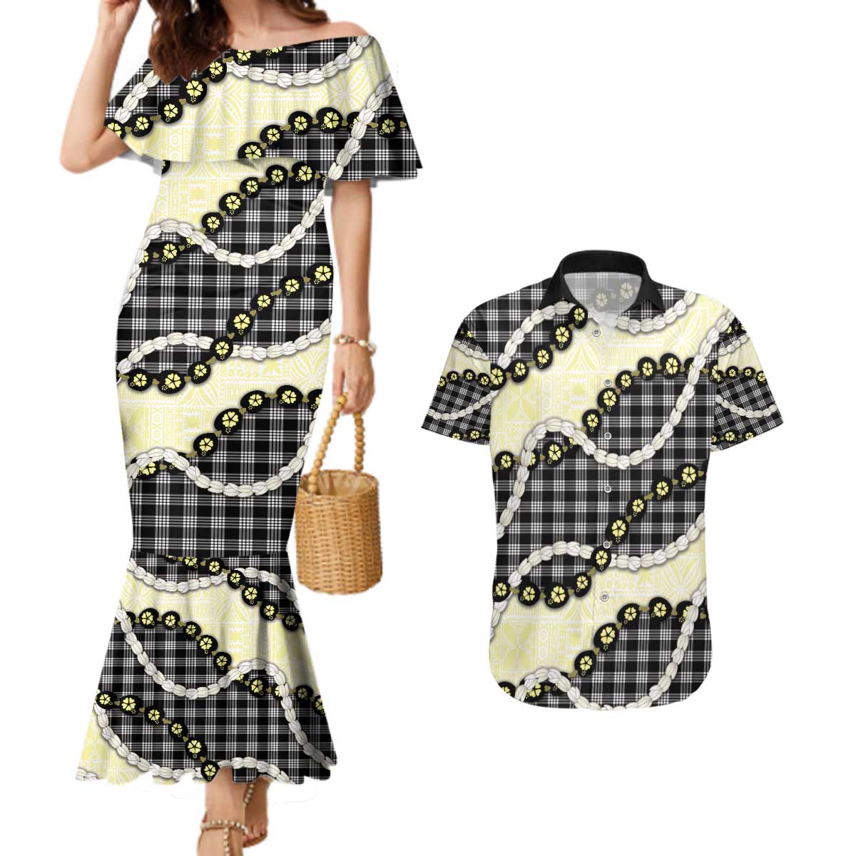 Black Palaka Hawaii Couples Matching Mermaid Dress and Hawaiian Shirt Kukui Nut Pikake Lei Hawaiian Tapa Pattern - Polynesian Pride