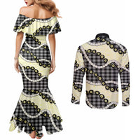 Black Palaka Hawaii Couples Matching Mermaid Dress and Long Sleeve Button Shirt Kukui Nut Pikake Lei Hawaiian Tapa Pattern - Polynesian Pride