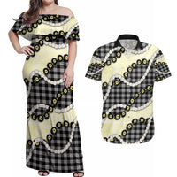 Black Palaka Hawaii Couples Matching Off Shoulder Maxi Dress and Hawaiian Shirt Kukui Nut Pikake Lei Hawaiian Tapa Pattern - Polynesian Pride