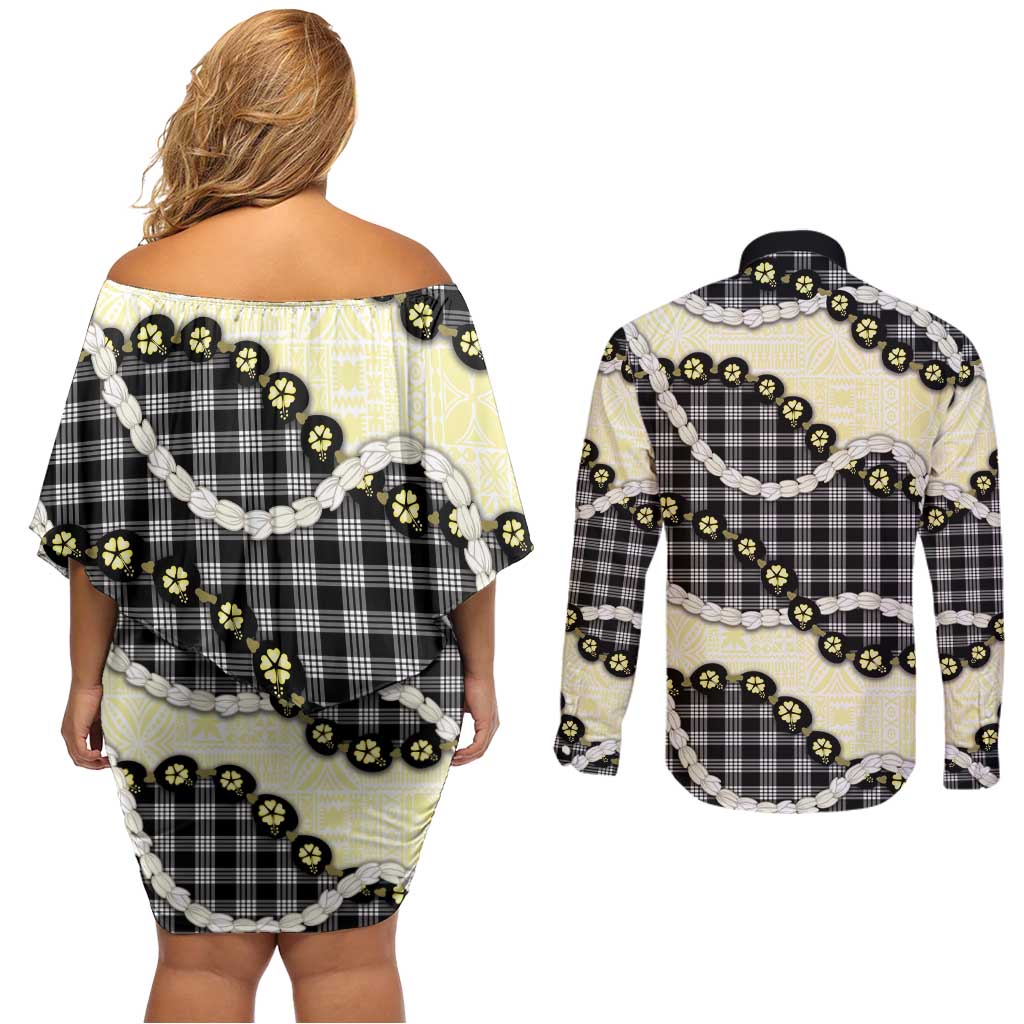 Black Palaka Hawaii Couples Matching Off Shoulder Short Dress and Long Sleeve Button Shirt Kukui Nut Pikake Lei Hawaiian Tapa Pattern - Polynesian Pride