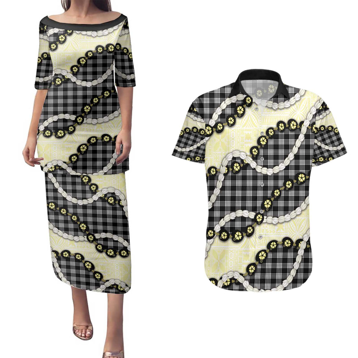 Black Palaka Hawaii Couples Matching Puletasi and Hawaiian Shirt Kukui Nut Pikake Lei Hawaiian Tapa Pattern - Polynesian Pride