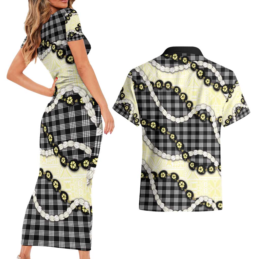 Black Palaka Hawaii Couples Matching Short Sleeve Bodycon Dress and Hawaiian Shirt Kukui Nut Pikake Lei Hawaiian Tapa Pattern - Polynesian Pride