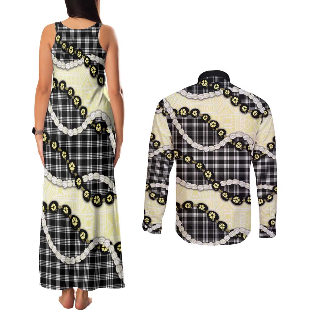 Black Palaka Hawaii Couples Matching Tank Maxi Dress and Long Sleeve Button Shirt Kukui Nut Pikake Lei Hawaiian Tapa Pattern - Polynesian Pride