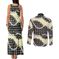 Black Palaka Hawaii Couples Matching Tank Maxi Dress and Long Sleeve Button Shirt Kukui Nut Pikake Lei Hawaiian Tapa Pattern - Polynesian Pride