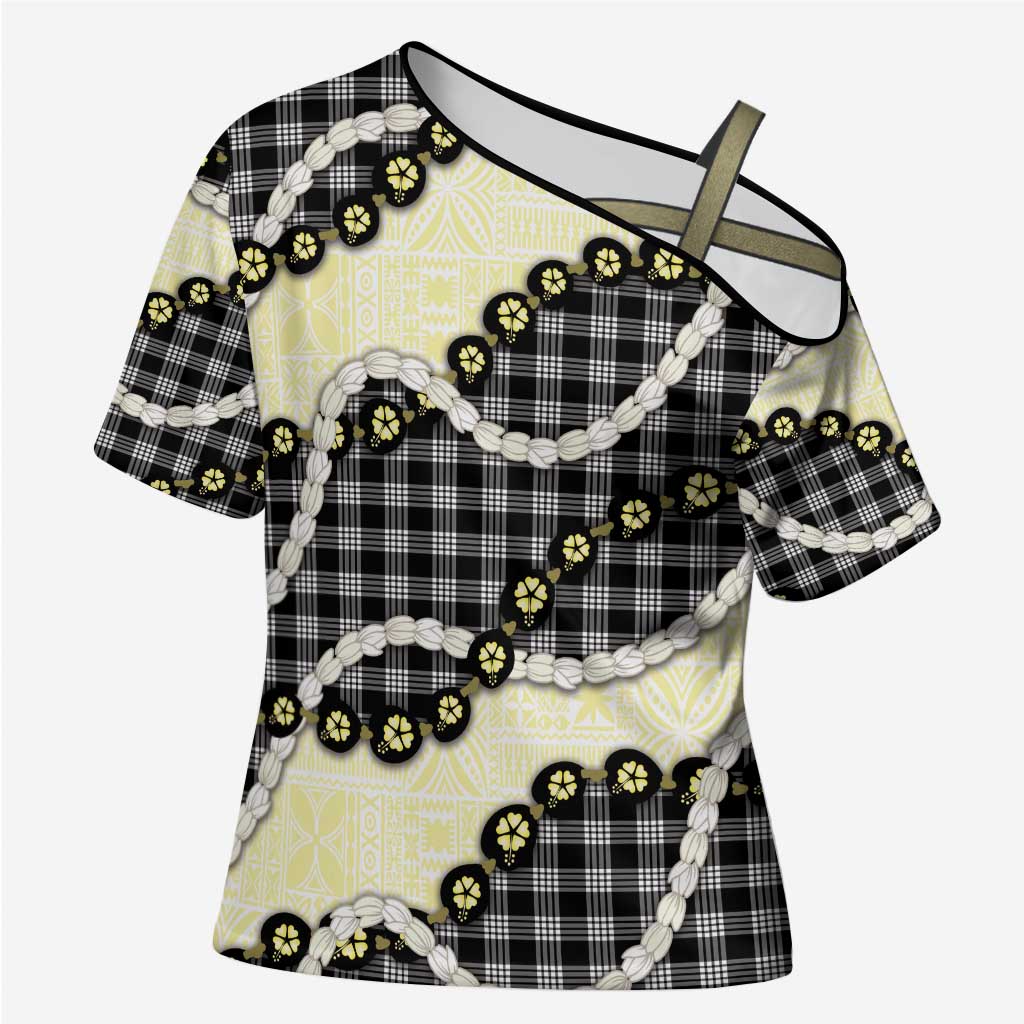 Black Palaka Hawaii Cross Shoulder Shirt Kukui Nut Pikake Lei Hawaiian Tapa Pattern - Polynesian Pride