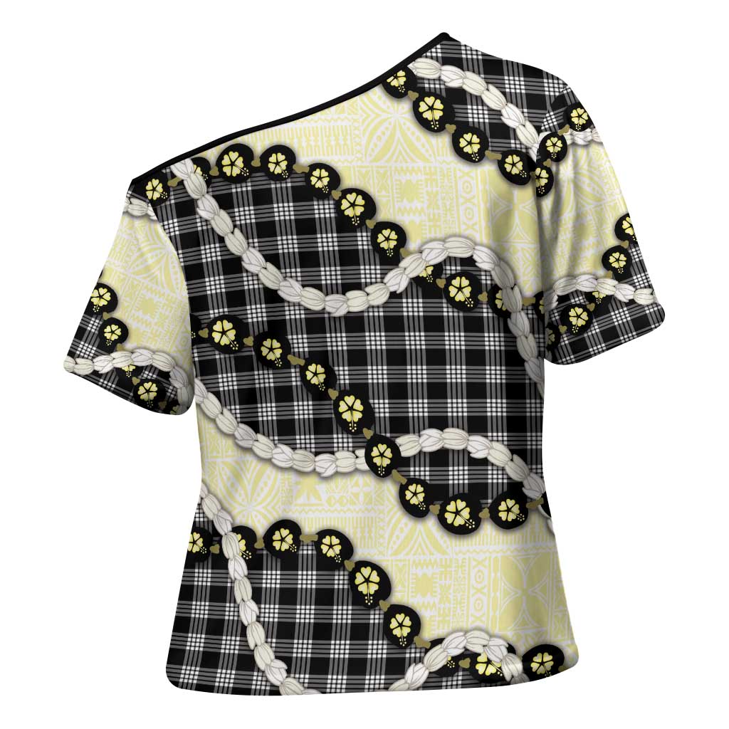 Black Palaka Hawaii Cross Shoulder Shirt Kukui Nut Pikake Lei Hawaiian Tapa Pattern - Polynesian Pride