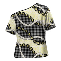 Black Palaka Hawaii Cross Shoulder Shirt Kukui Nut Pikake Lei Hawaiian Tapa Pattern - Polynesian Pride
