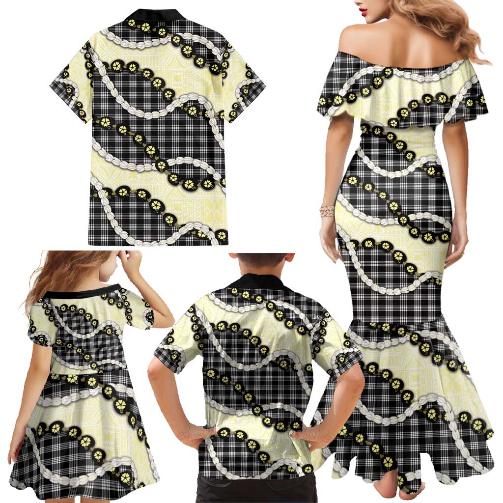 Black Palaka Hawaii Family Matching Mermaid Dress and Hawaiian Shirt Kukui Nut Pikake Lei Hawaiian Tapa Pattern - Polynesian Pride
