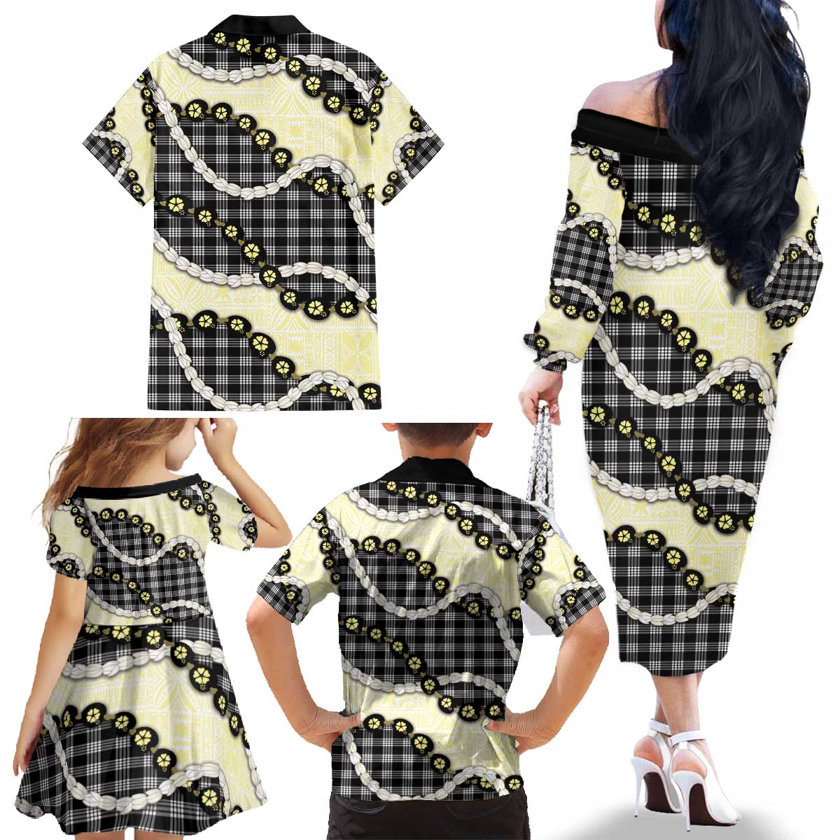 Black Palaka Hawaii Family Matching Off The Shoulder Long Sleeve Dress and Hawaiian Shirt Kukui Nut Pikake Lei Hawaiian Tapa Pattern - Polynesian Pride