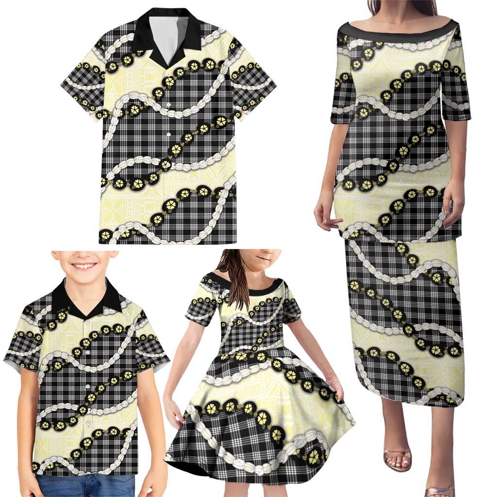 Black Palaka Hawaii Family Matching Puletasi and Hawaiian Shirt Kukui Nut Pikake Lei Hawaiian Tapa Pattern - Polynesian Pride