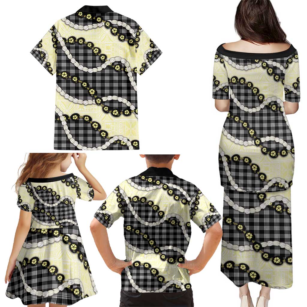 Black Palaka Hawaii Family Matching Puletasi and Hawaiian Shirt Kukui Nut Pikake Lei Hawaiian Tapa Pattern - Polynesian Pride