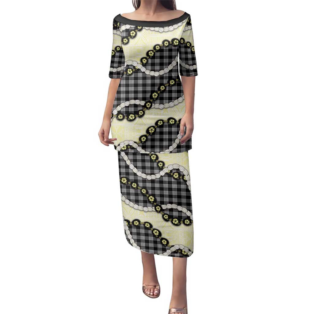 Black Palaka Hawaii Family Matching Puletasi and Hawaiian Shirt Kukui Nut Pikake Lei Hawaiian Tapa Pattern - Polynesian Pride