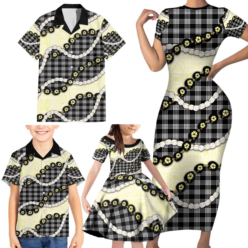 Black Palaka Hawaii Family Matching Short Sleeve Bodycon Dress and Hawaiian Shirt Kukui Nut Pikake Lei Hawaiian Tapa Pattern - Polynesian Pride