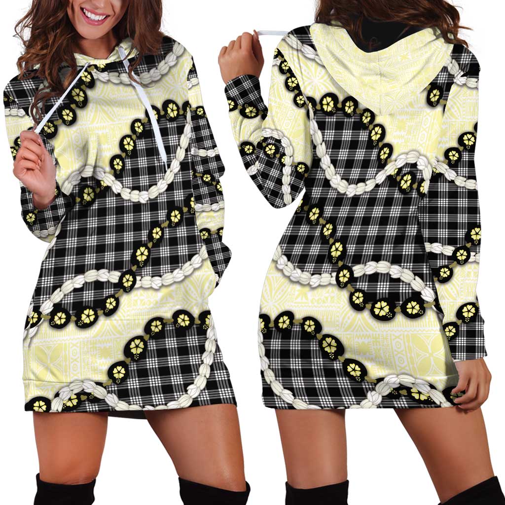 Black Palaka Hawaii Hoodie Dress Kukui Nut Pikake Lei Hawaiian Tapa Pattern - Polynesian Pride