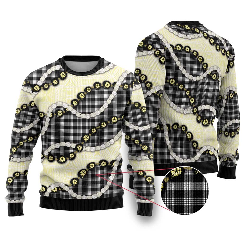 Black Palaka Hawaii Ugly Christmas Sweater Kukui Nut Pikake Lei Hawaiian Tapa Pattern - Polynesian Pride