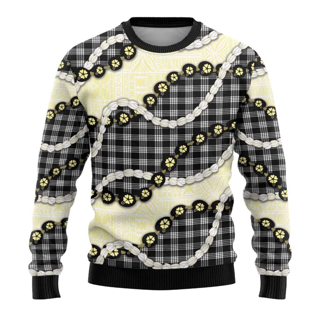 Black Palaka Hawaii Ugly Christmas Sweater Kukui Nut Pikake Lei Hawaiian Tapa Pattern - Polynesian Pride