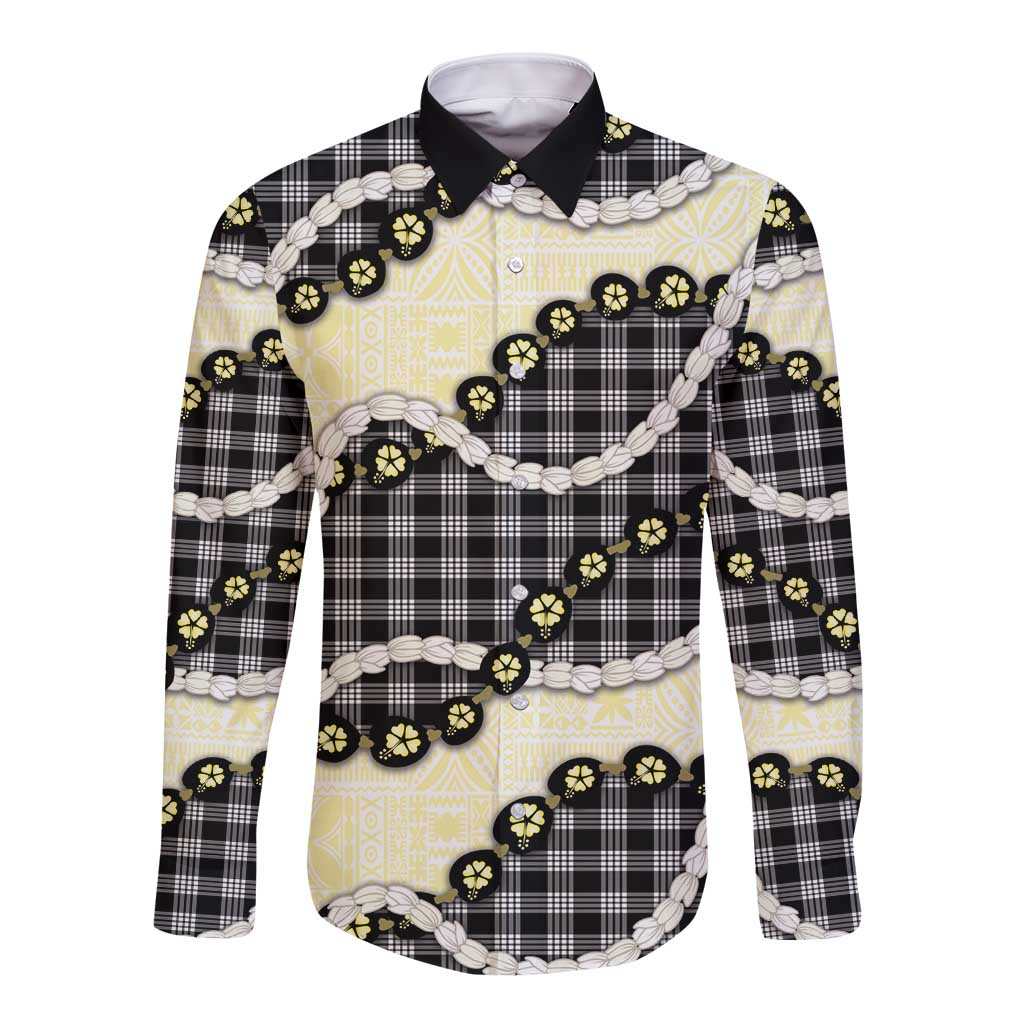 Black Palaka Hawaii Long Sleeve Button Shirt Kukui Nut Pikake Lei Hawaiian Tapa Pattern - Polynesian Pride