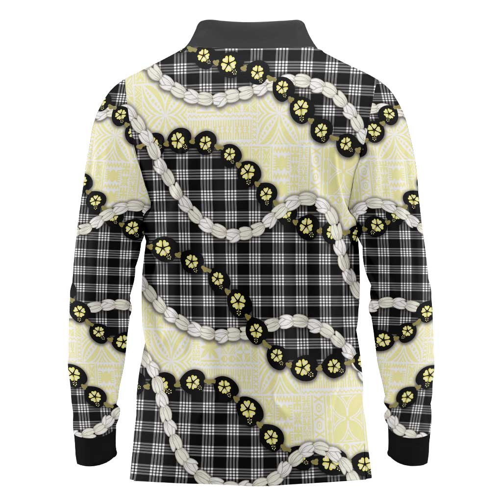 Black Palaka Hawaii Long Sleeve Polo Shirt Kukui Nut Pikake Lei Hawaiian Tapa Pattern - Polynesian Pride