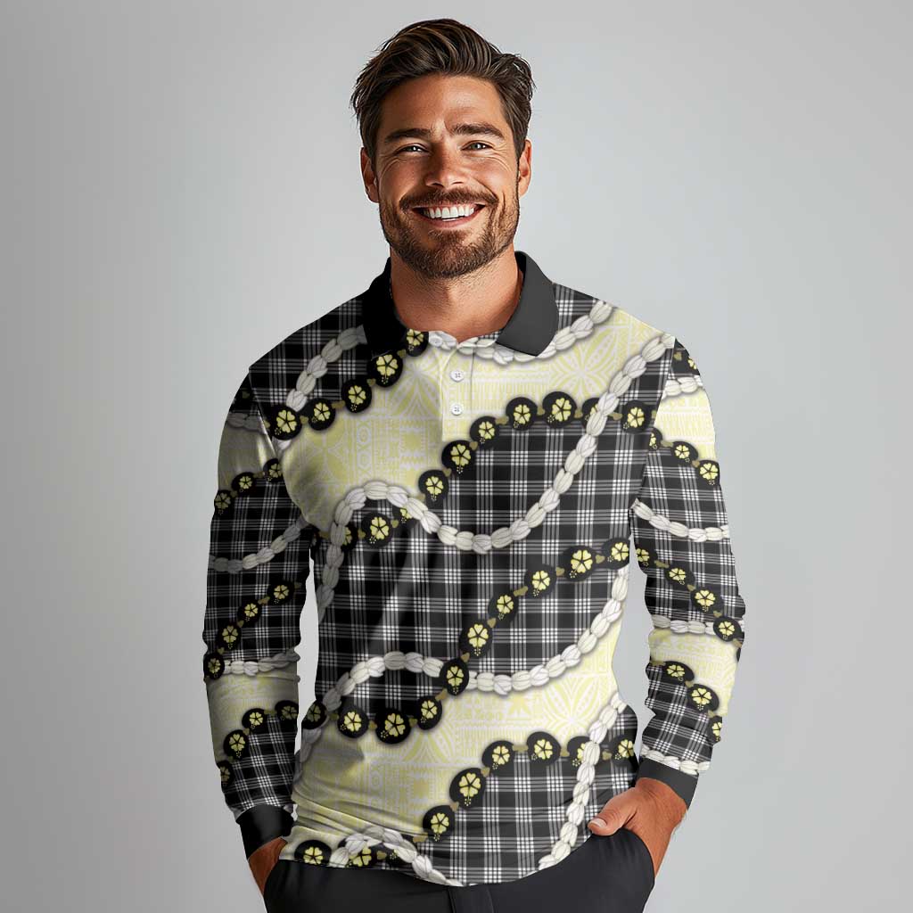 Black Palaka Hawaii Long Sleeve Polo Shirt Kukui Nut Pikake Lei Hawaiian Tapa Pattern - Polynesian Pride