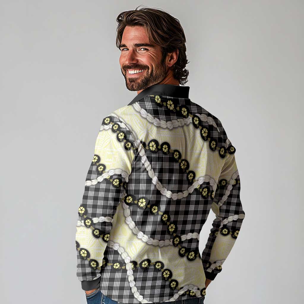 Black Palaka Hawaii Long Sleeve Polo Shirt Kukui Nut Pikake Lei Hawaiian Tapa Pattern - Polynesian Pride