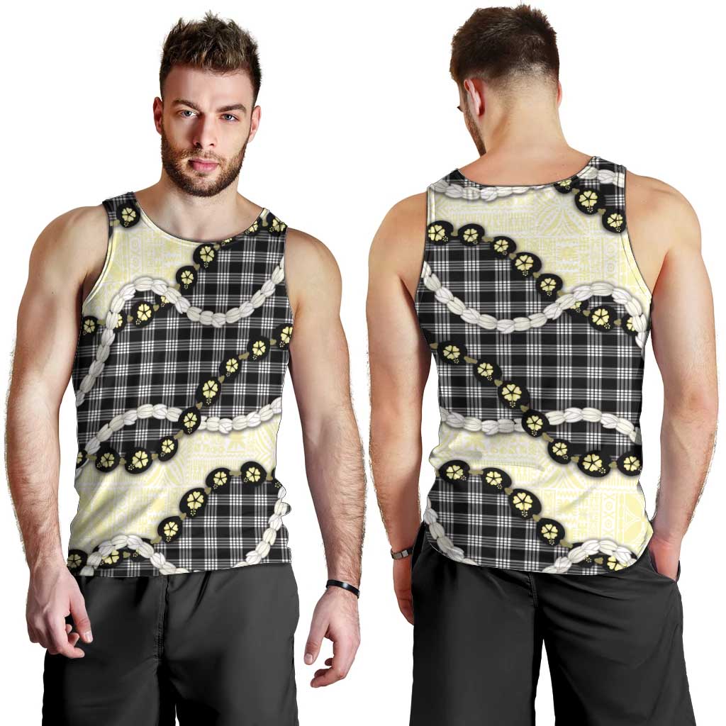 Black Palaka Hawaii Men Tank Top Kukui Nut Pikake Lei Hawaiian Tapa Pattern - Polynesian Pride