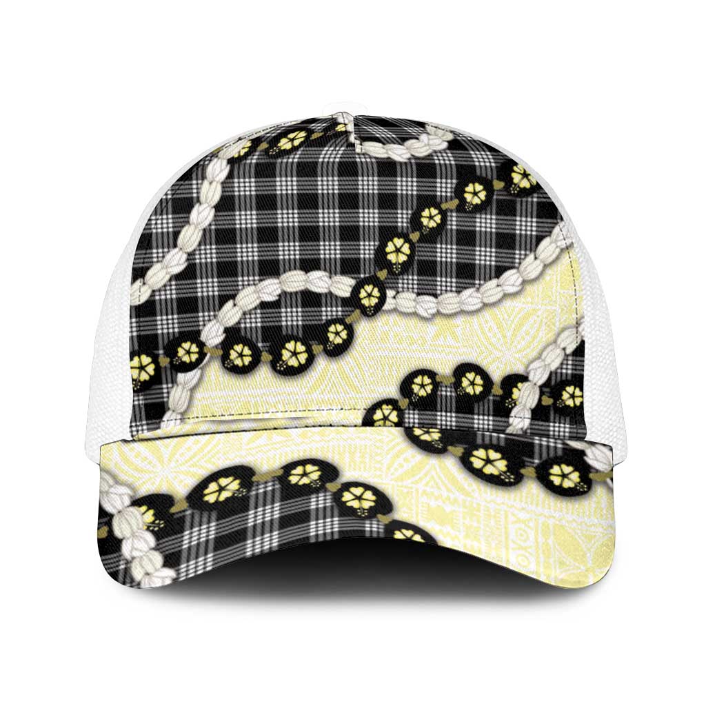 Black Palaka Hawaii Mesh Trucker Cap Kukui Nut Pikake Lei Hawaiian Tapa Pattern - Polynesian Pride