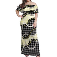 Black Palaka Hawaii Off Shoulder Maxi Dress Kukui Nut Pikake Lei Hawaiian Tapa Pattern - Polynesian Pride