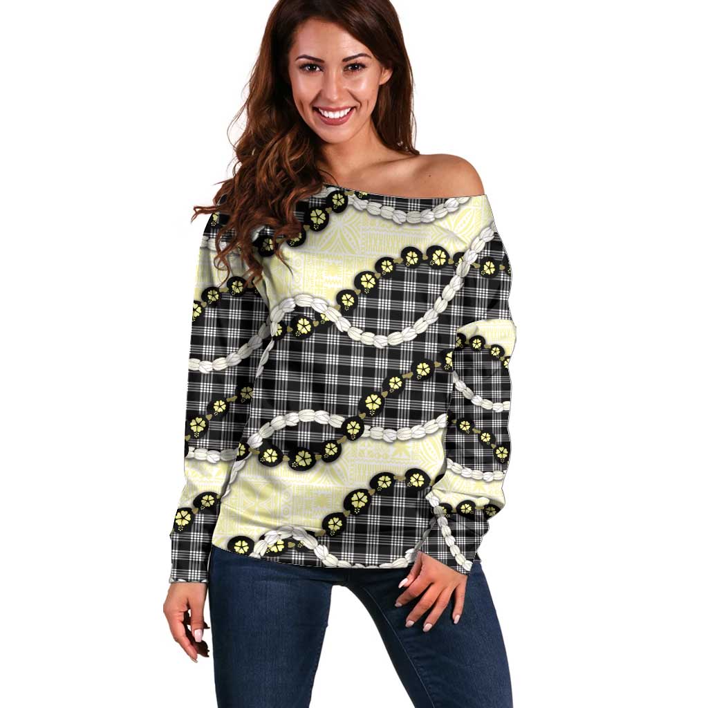 Black Palaka Hawaii Off Shoulder Sweater Kukui Nut Pikake Lei Hawaiian Tapa Pattern - Polynesian Pride