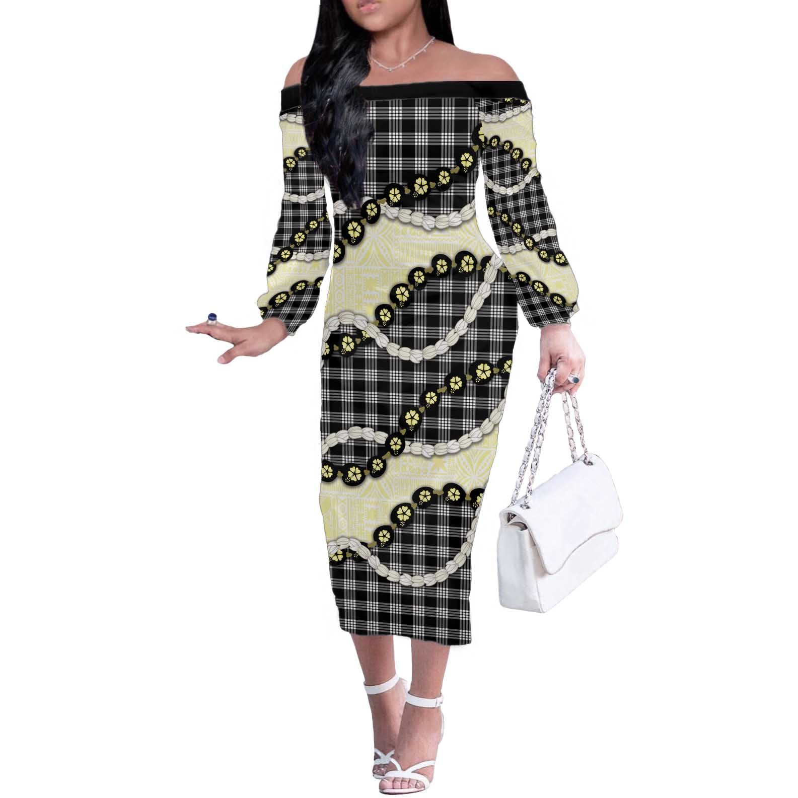 Black Palaka Hawaii Off The Shoulder Long Sleeve Dress Kukui Nut Pikake Lei Hawaiian Tapa Pattern - Polynesian Pride