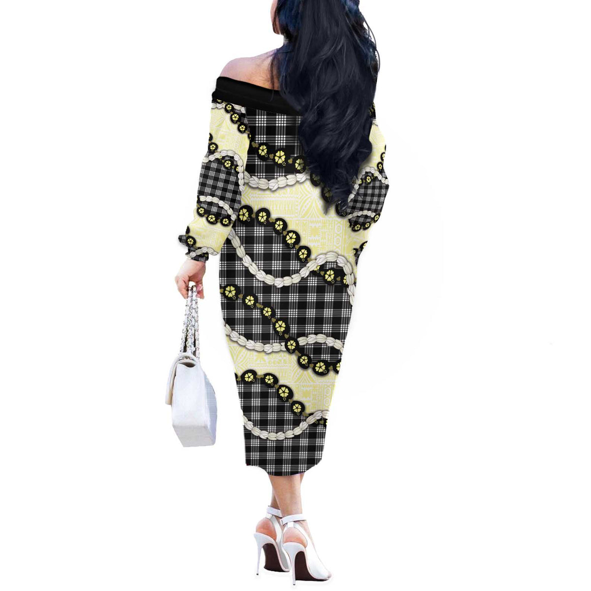 Black Palaka Hawaii Off The Shoulder Long Sleeve Dress Kukui Nut Pikake Lei Hawaiian Tapa Pattern - Polynesian Pride