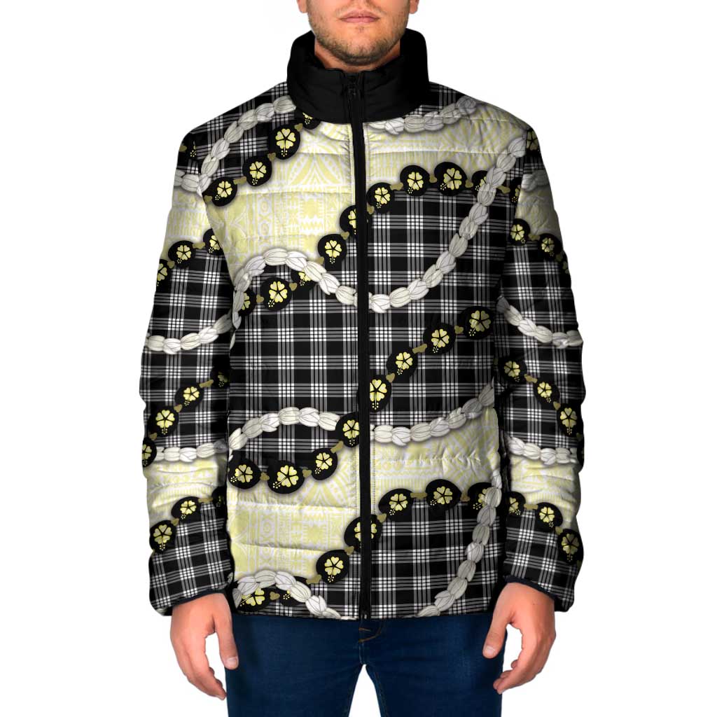 Black Palaka Hawaii Padded Jacket Kukui Nut Pikake Lei Hawaiian Tapa Pattern - Polynesian Pride