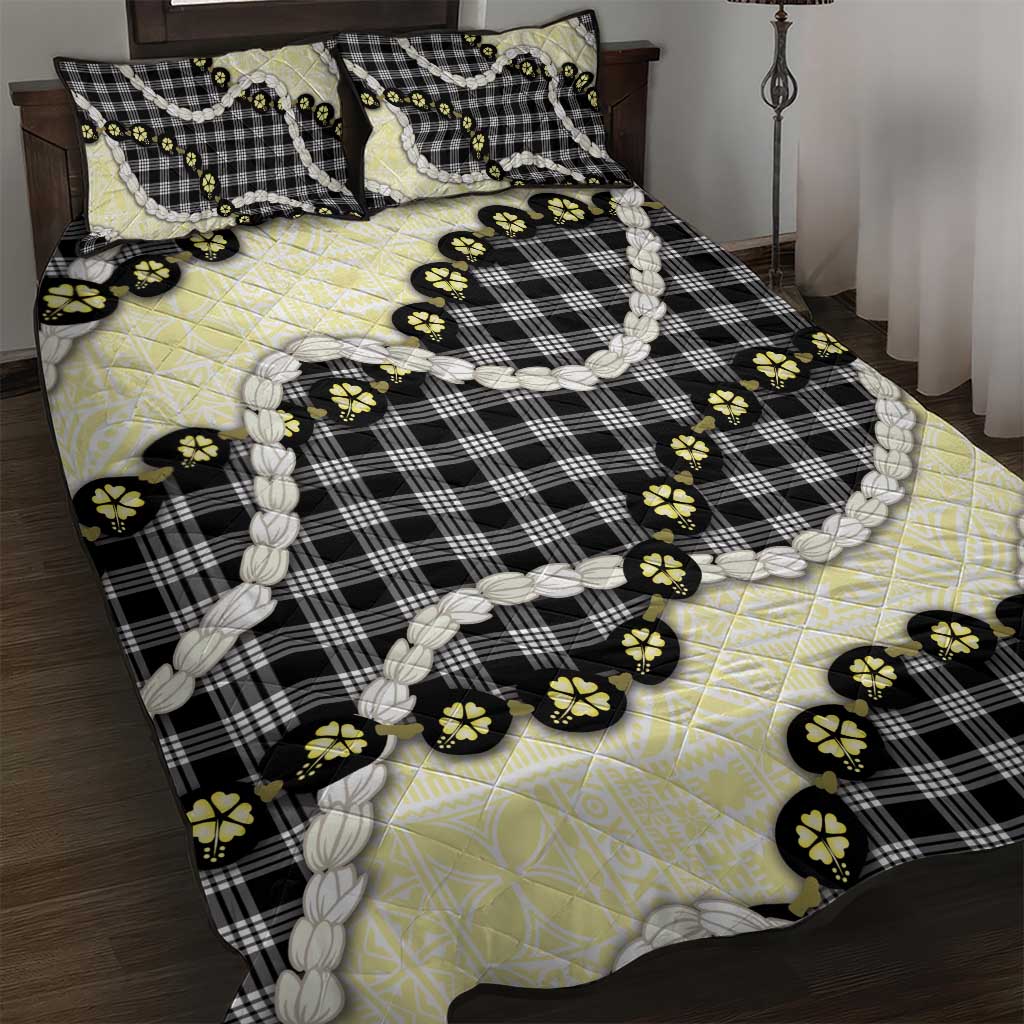 Black Palaka Hawaii Quilt Bed Set Kukui Nut Pikake Lei Hawaiian Tapa Pattern - Polynesian Pride