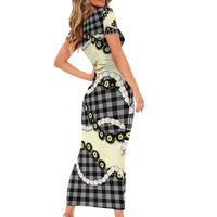 Black Palaka Hawaii Short Sleeve Bodycon Dress Kukui Nut Pikake Lei Hawaiian Tapa Pattern - Polynesian Pride