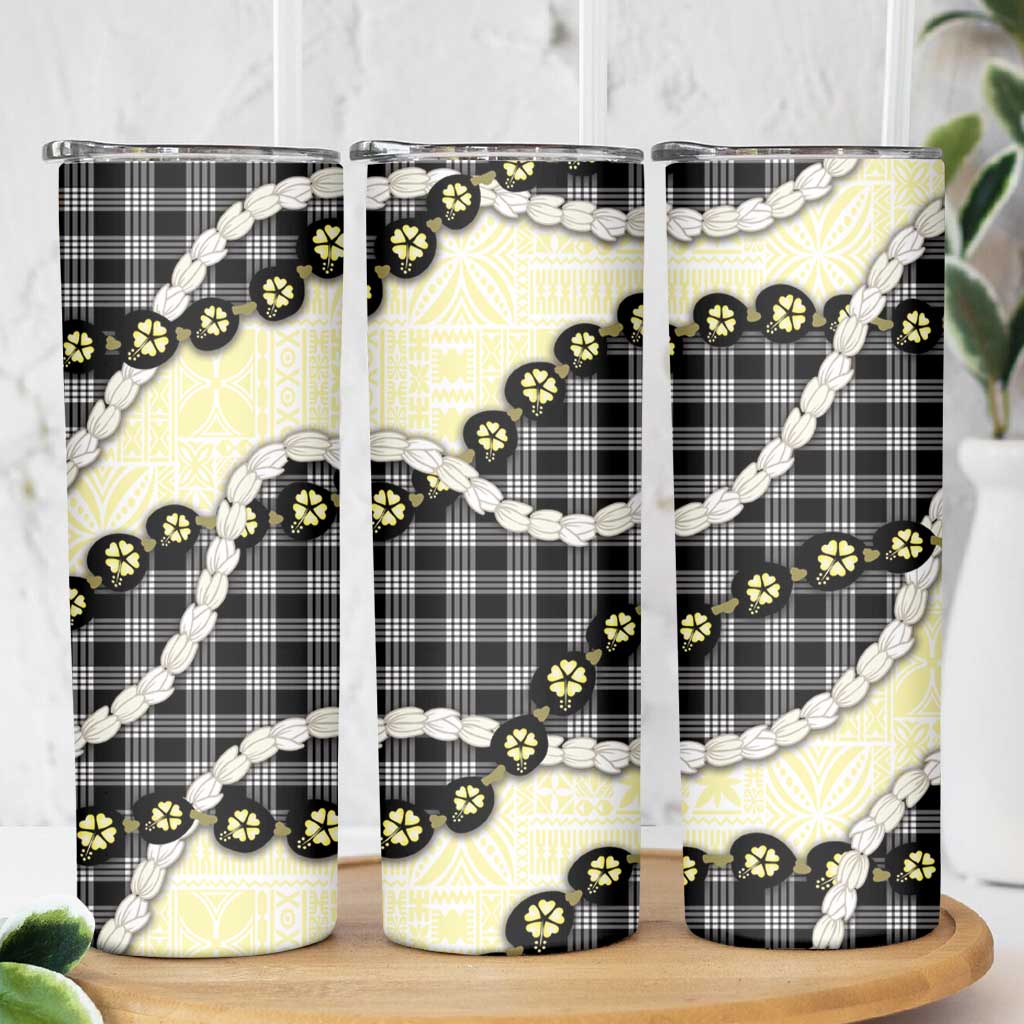 Black Palaka Hawaii Skinny Tumbler Kukui Nut Pikake Lei Hawaiian Tapa Pattern - Polynesian Pride