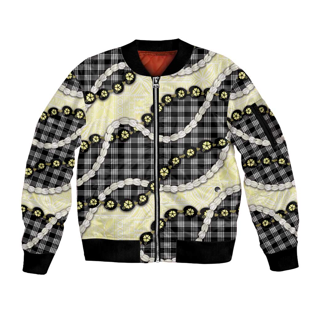 Black Palaka Hawaii Sleeve Zip Bomber Jacket Kukui Nut Pikake Lei Hawaiian Tapa Pattern - Polynesian Pride