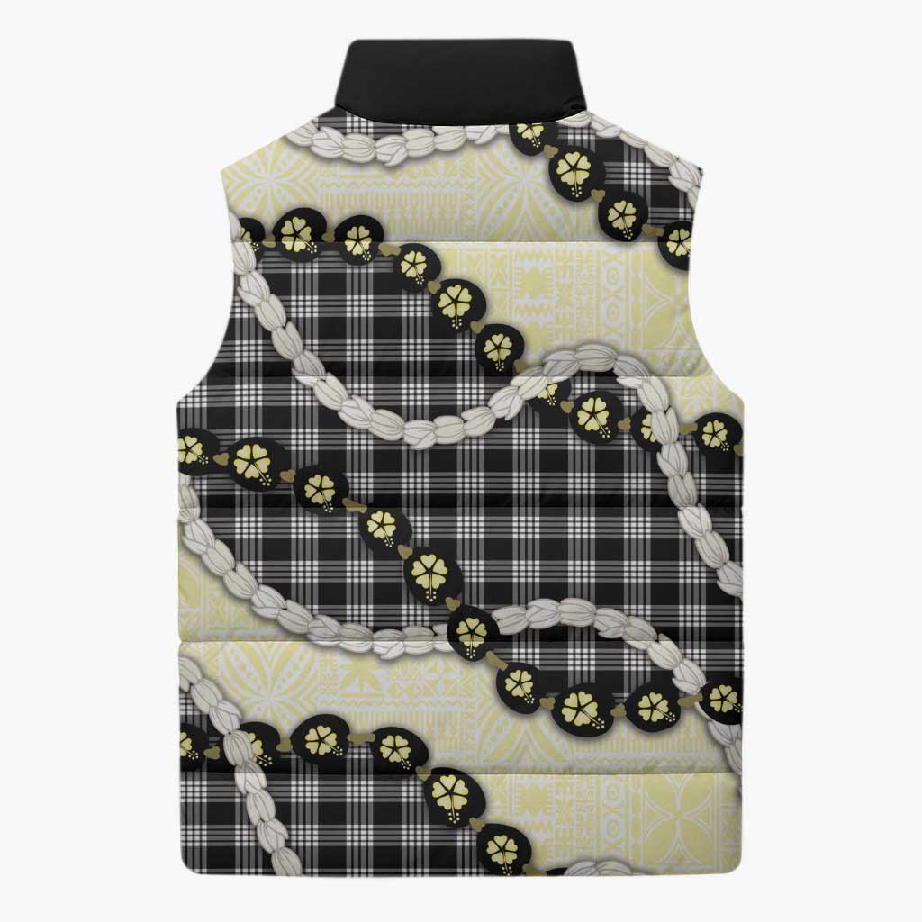 Black Palaka Hawaii Sleeveless Puffer Jacket Kukui Nut Pikake Lei Hawaiian Tapa Pattern - Polynesian Pride