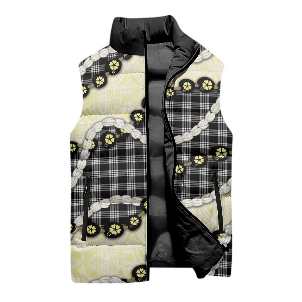 Black Palaka Hawaii Sleeveless Puffer Jacket Kukui Nut Pikake Lei Hawaiian Tapa Pattern - Polynesian Pride