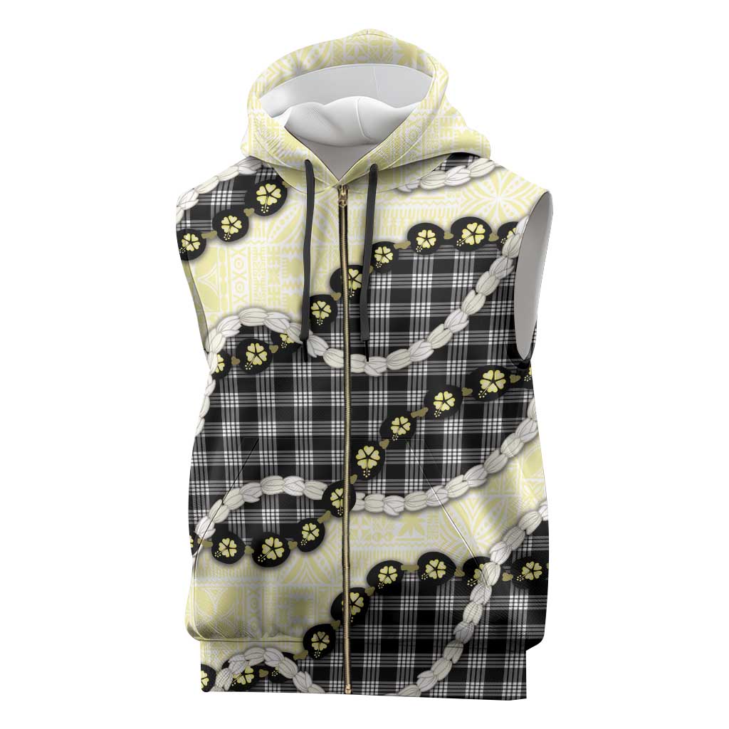 Black Palaka Hawaii Sleeveless Zip Hoodie Kukui Nut Pikake Lei Hawaiian Tapa Pattern - Polynesian Pride