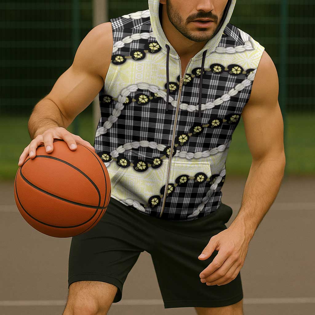 Black Palaka Hawaii Sleeveless Zip Hoodie Kukui Nut Pikake Lei Hawaiian Tapa Pattern - Polynesian Pride