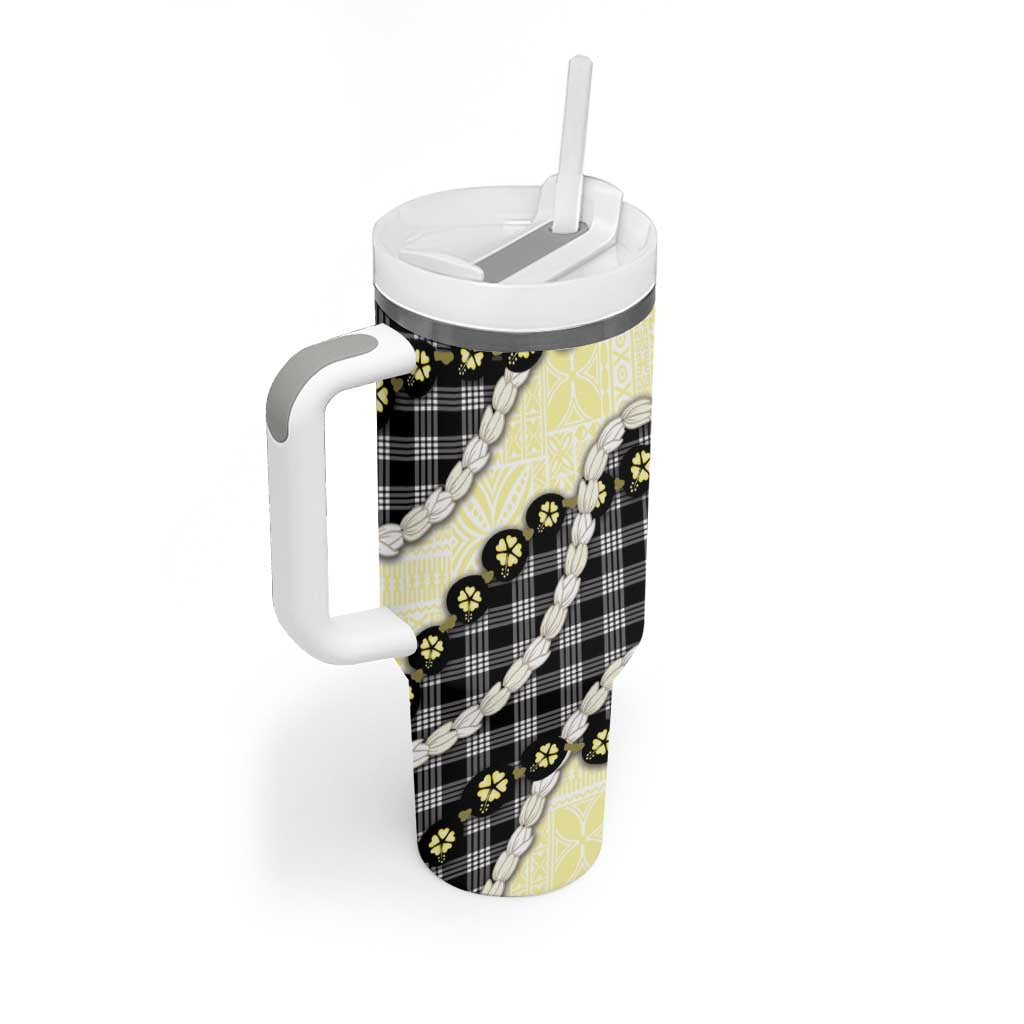 Black Palaka Hawaii Tumbler With Handle Kukui Nut Pikake Lei Hawaiian Tapa Pattern - Polynesian Pride