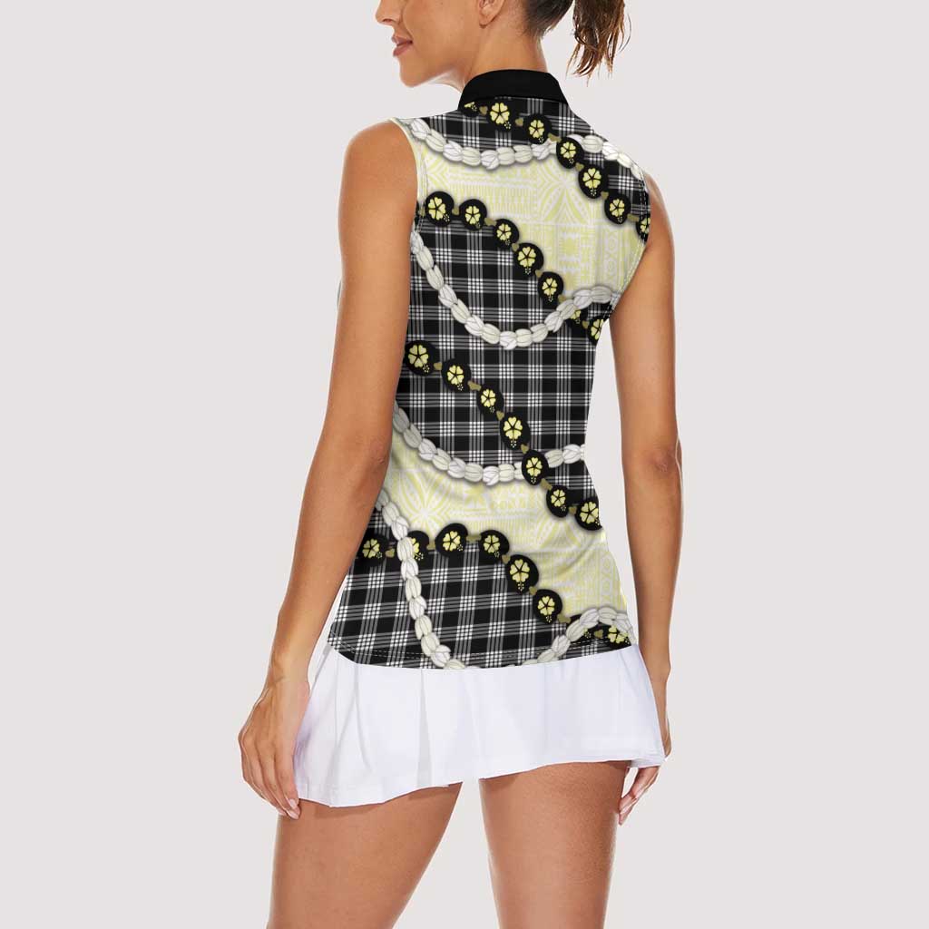 Black Palaka Hawaii Women Sleeveless Polo Shirt Kukui Nut Pikake Lei Hawaiian Tapa Pattern - Polynesian Pride