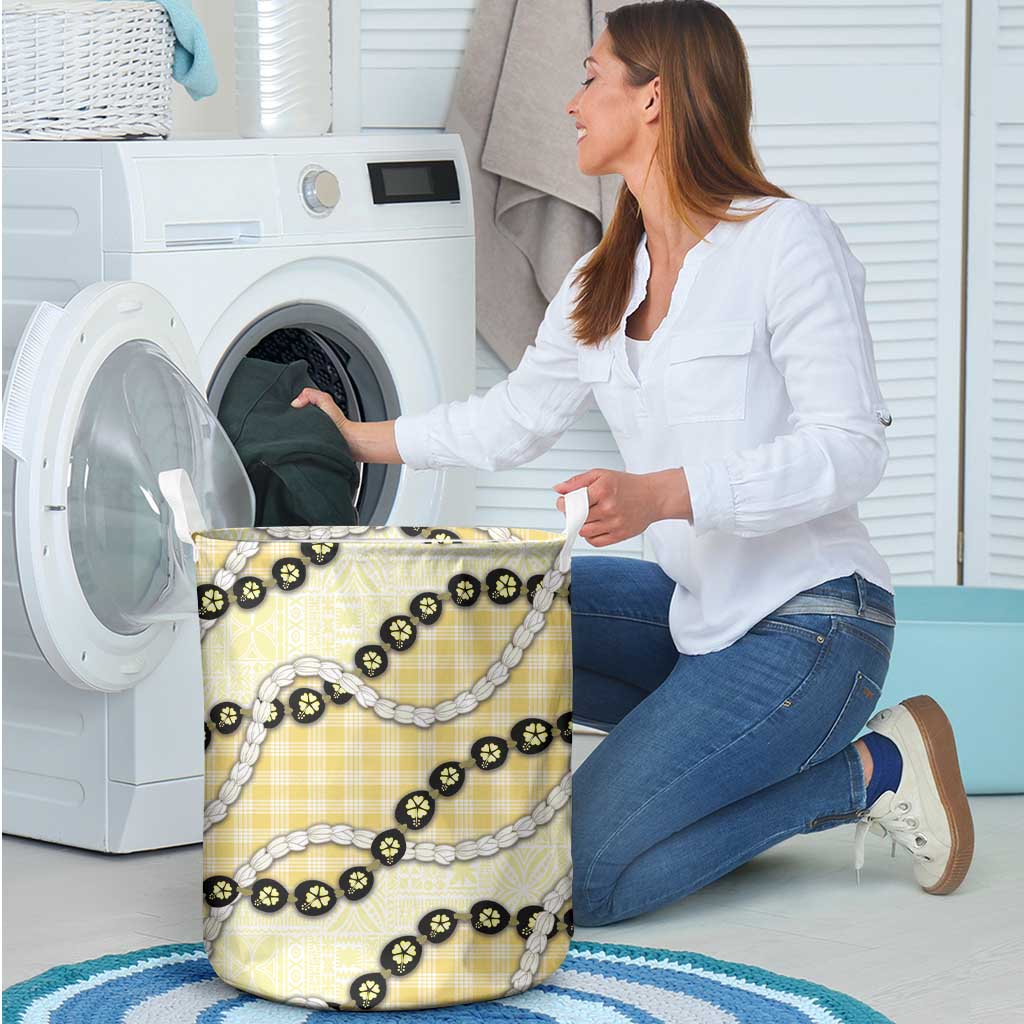 Yellow Palaka Hawaii Laundry Basket Kukui Nut Pikake Lei Hawaiian Tapa Pattern - Polynesian Pride