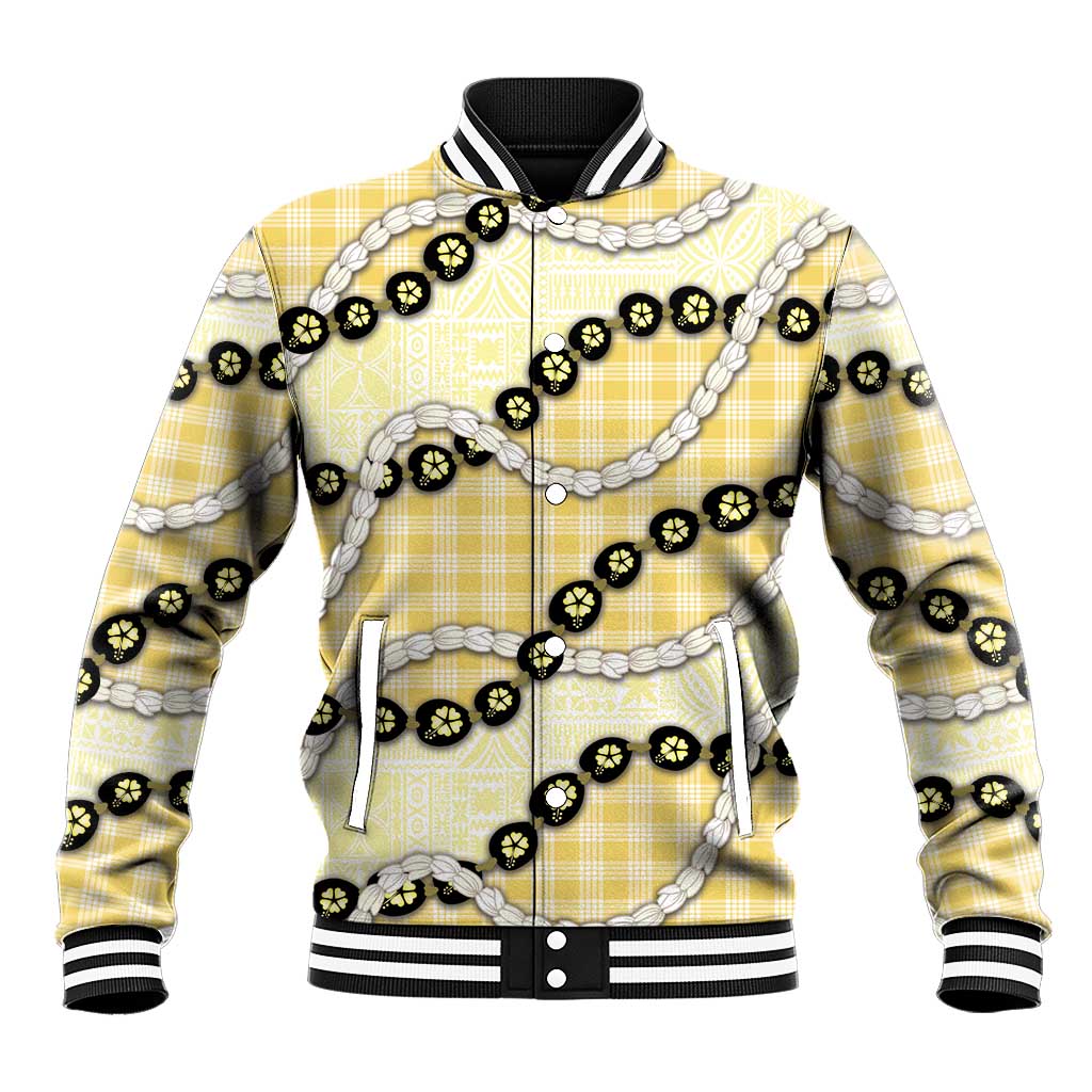 Yellow Palaka Hawaii Baseball Jacket Kukui Nut Pikake Lei Hawaiian Tapa Pattern - Polynesian Pride