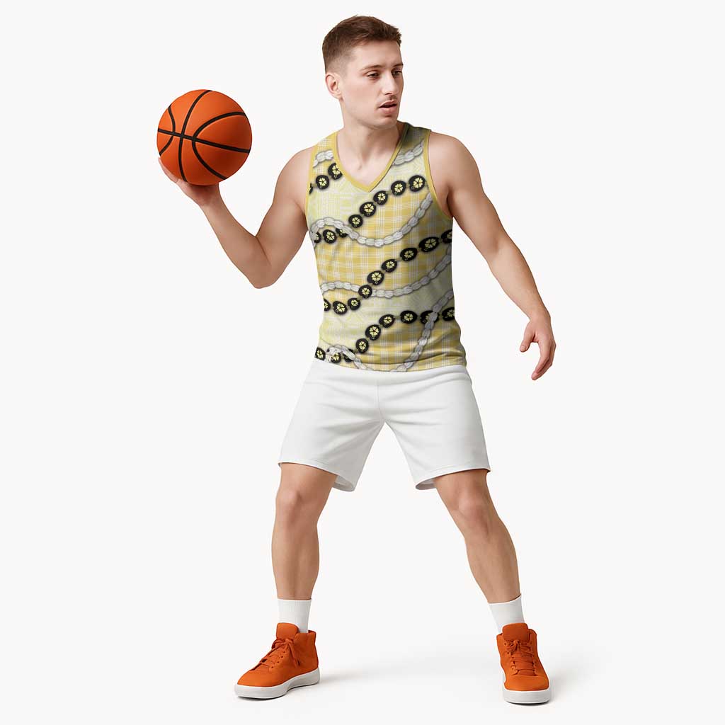 Yellow Palaka Hawaii Basketball Jersey Kukui Nut Pikake Lei Hawaiian Tapa Pattern - Polynesian Pride