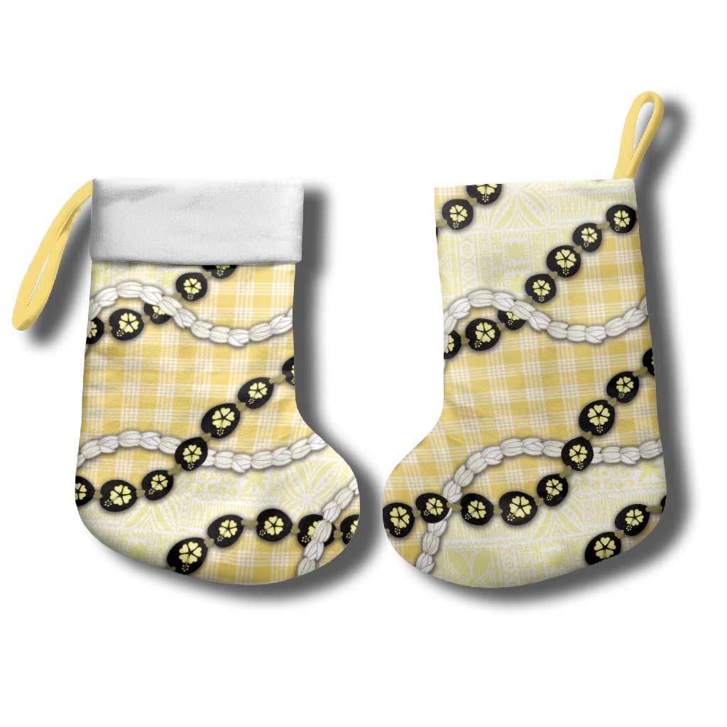 Yellow Palaka Hawaii Christmas Stocking Kukui Nut Pikake Lei Hawaiian Tapa Pattern - Polynesian Pride